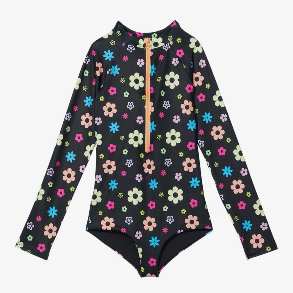 Beach riot Kids sz 9-10 yrs long Sleeve Floral Rash Guard Swimsuit - Black Multi